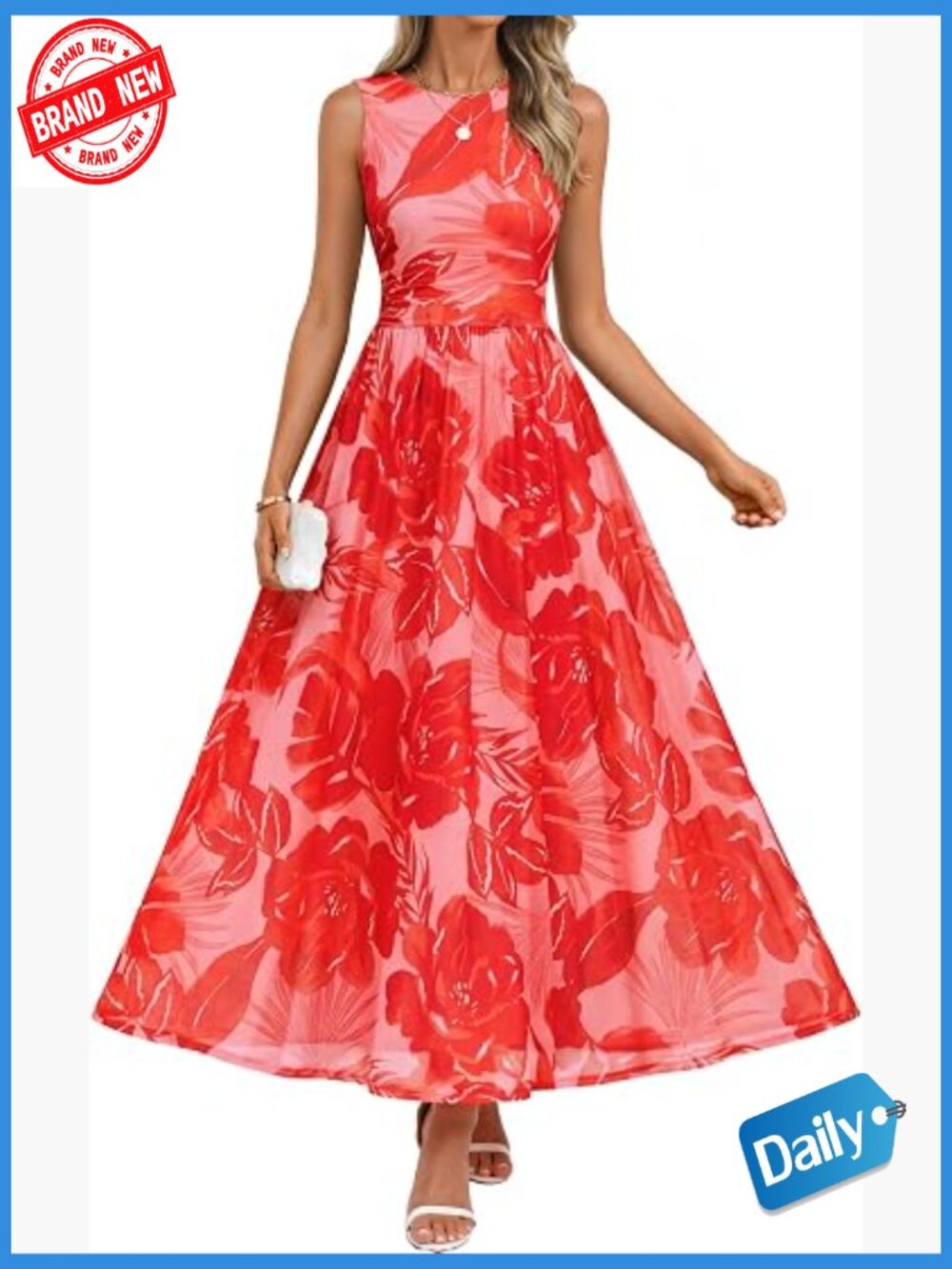Sleeveless Floral Maxi Dress Casual Crew Neck A Line Flowy Boho Beach Party
